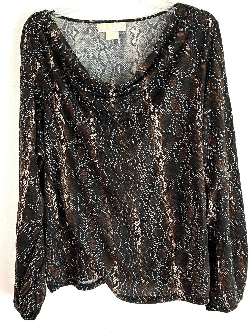 MICHAEL Michael Kors Snake Print Blouse Women's Size 2X Brown Black Draped Neck